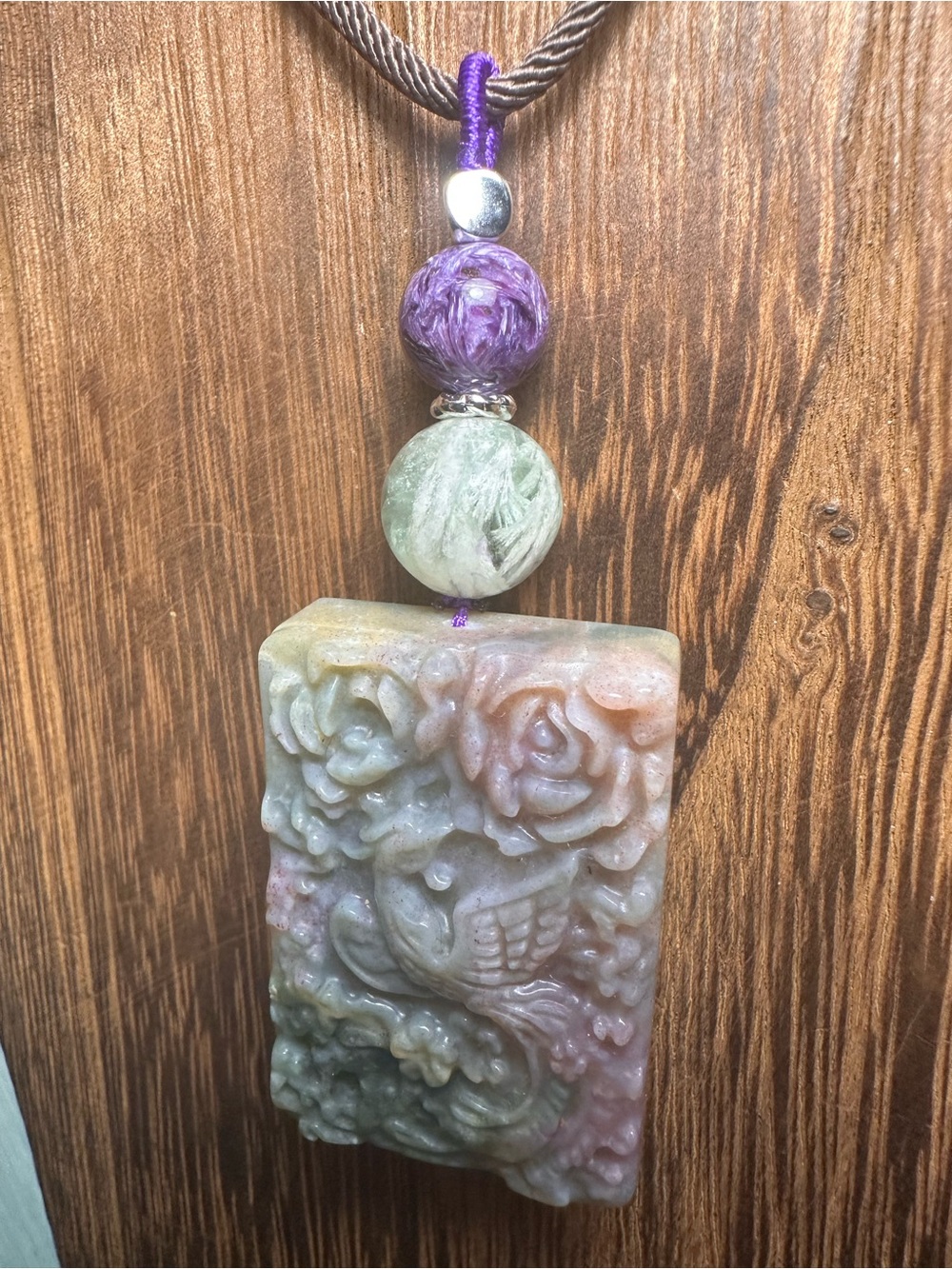 Ocean Jasper Phoenix Pendant Necklace with Feather Fluorite on Brown Rope - Picture 7 of 15